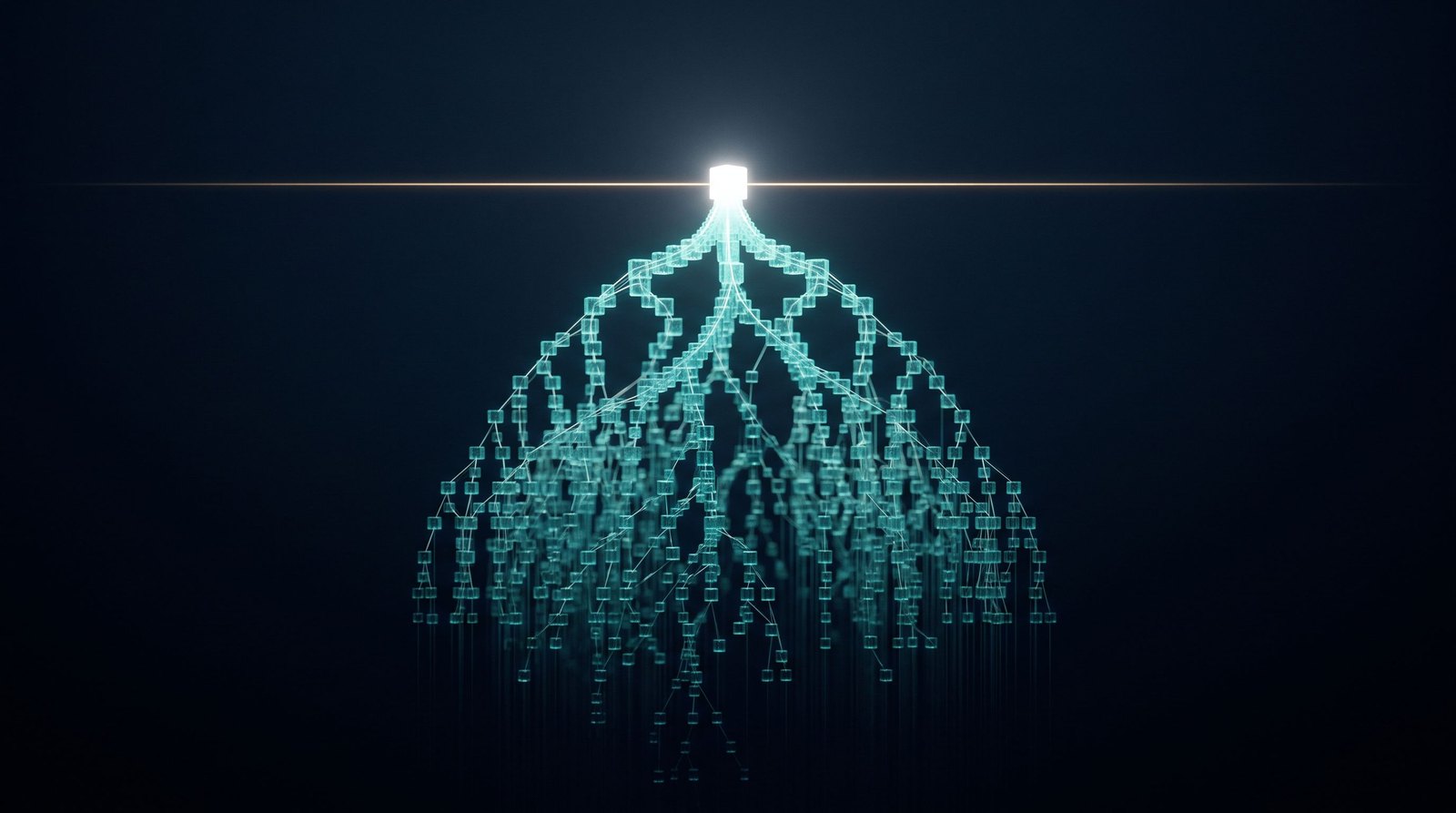 A Merkle tree of teal hash blocks resolving into one bright root, above a gold line: the bar the proof clears.